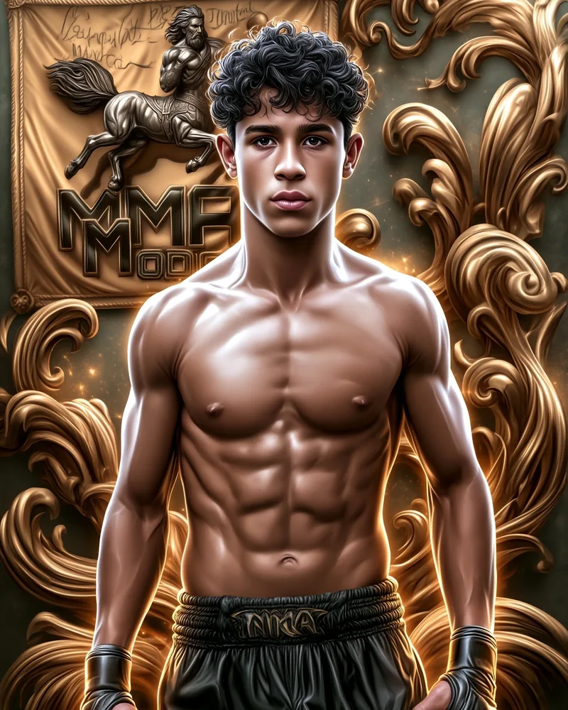 Ritratto di Mehiar davanti allo stendardo MMA Modica, in stile eroico bronzo e oro
