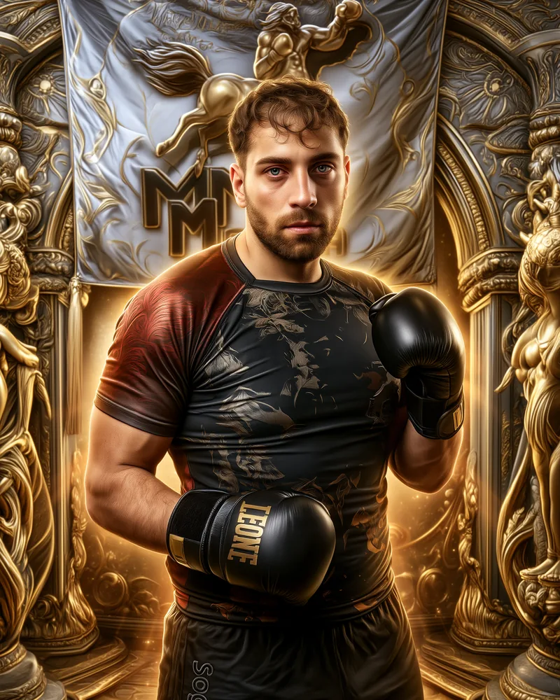 Ritratto di Zaga con i guantoni davanti allo stendardo MMA Modica, in stile eroico bronzo e oro
