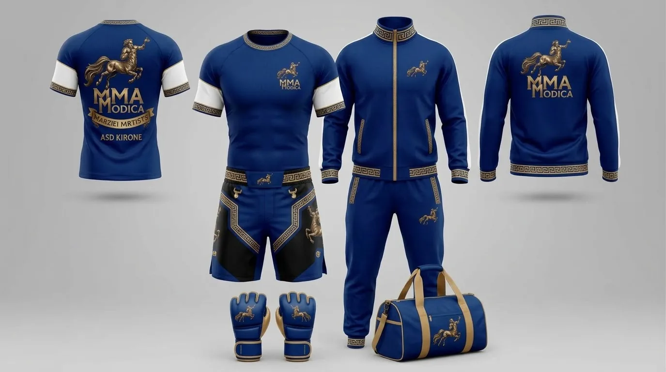 Progetto della divisa blu: maglia, rashguard, pantaloncini, tuta, guantini e borsone con il centauro dorato