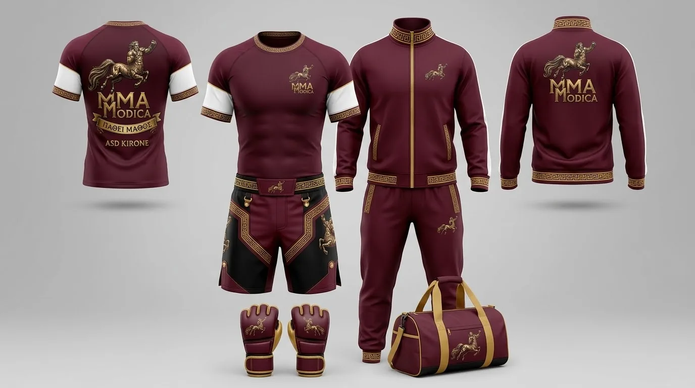 Progetto della divisa bordeaux: maglia, rashguard, pantaloncini, tuta, guantini e borsone con il centauro dorato
