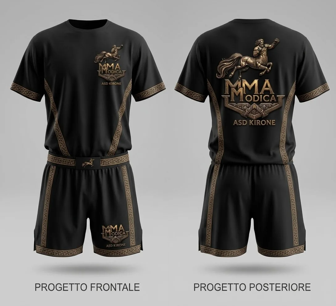 Progetto della divisa nera: maglia e pantaloncini con il centauro e la greca in bronzo, davanti e dietro